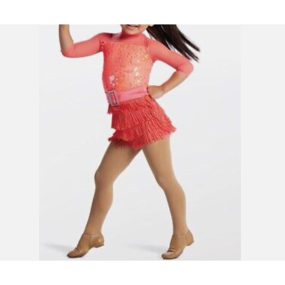 Weissman Dance Leotard Up Up And Away Hot Pink/orange Fringe Sequin Child Medium